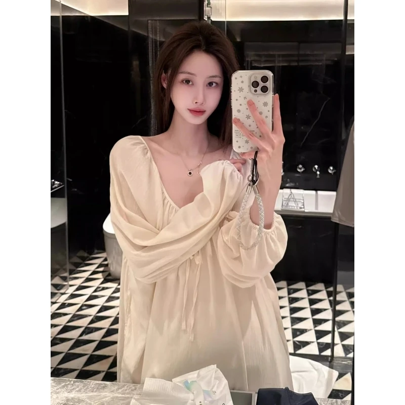 法式甜美温柔风大码睡裙女长袖睡裙女春秋款新款可外穿家居连衣裙