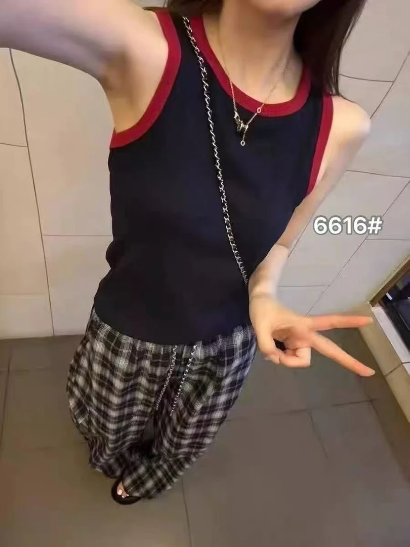 新款螺纹棉无袖修身女背心时尚夏季吊带美背藏蓝色上衣显瘦百搭