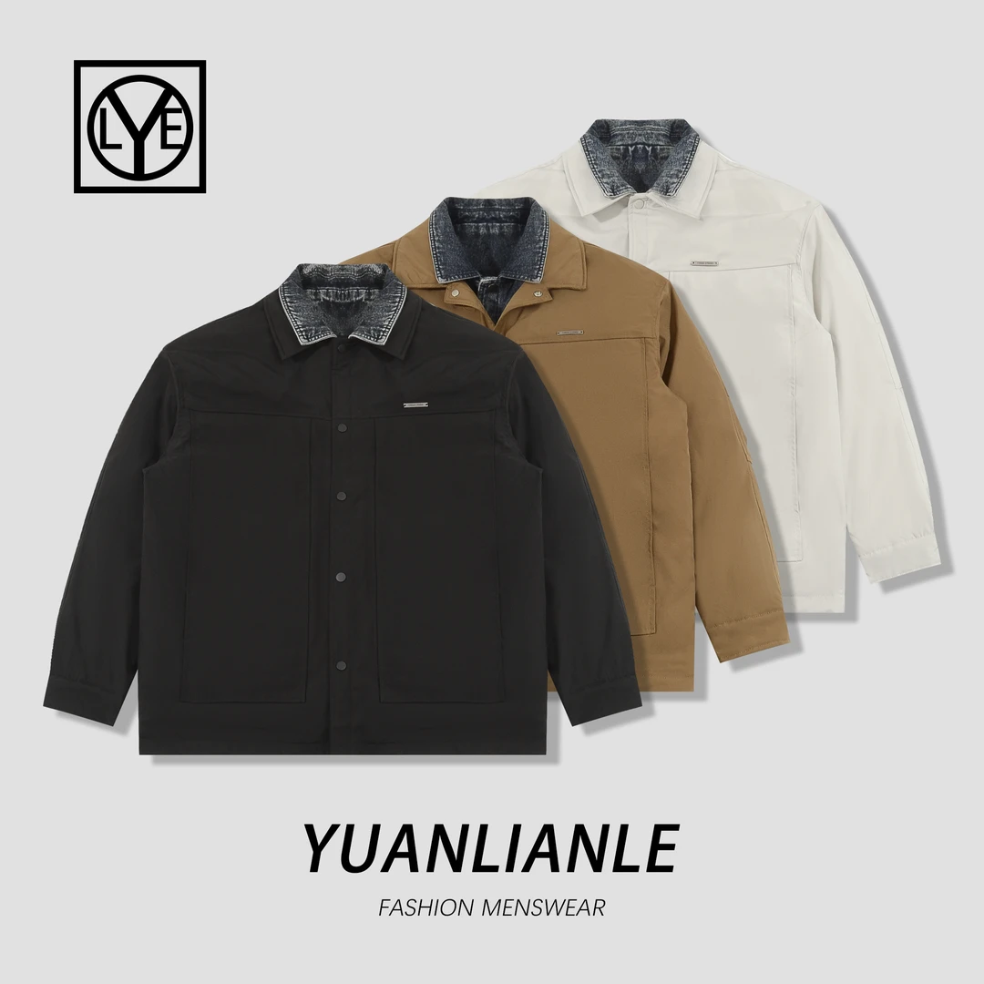 设计师款年货牛仔翻领拼接羽绒服百搭廓形假两件白鸭绒外套