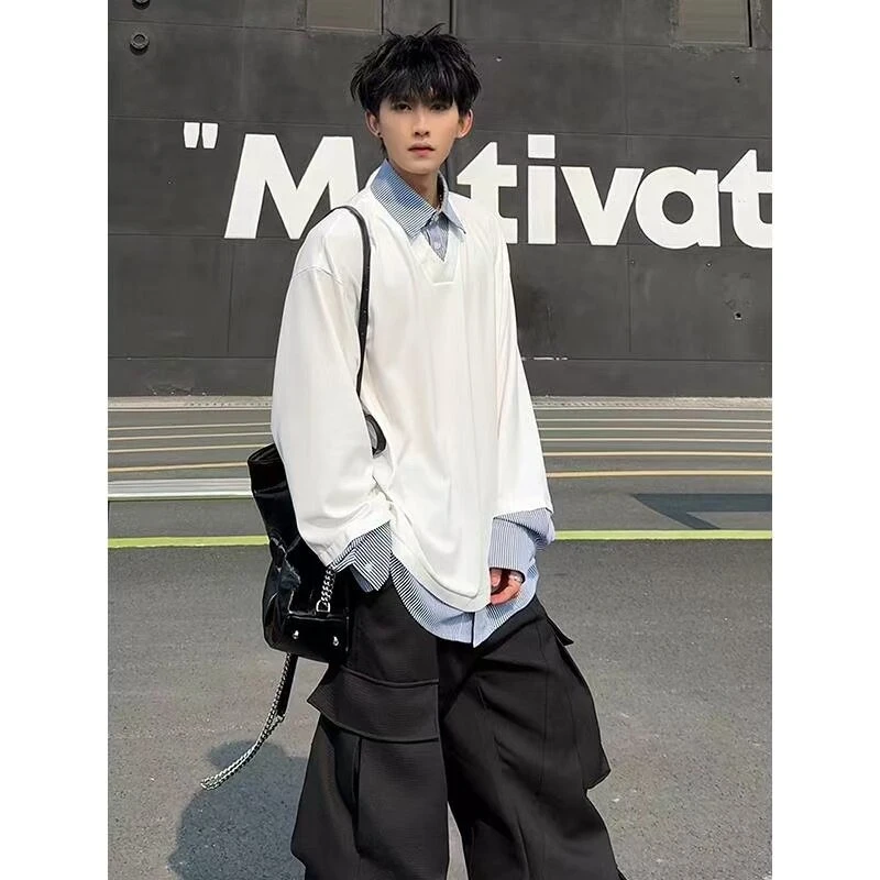 假两件衬衫领卫衣男chic韩版潮男痞帅春秋polo翻领外套潮牌高级感