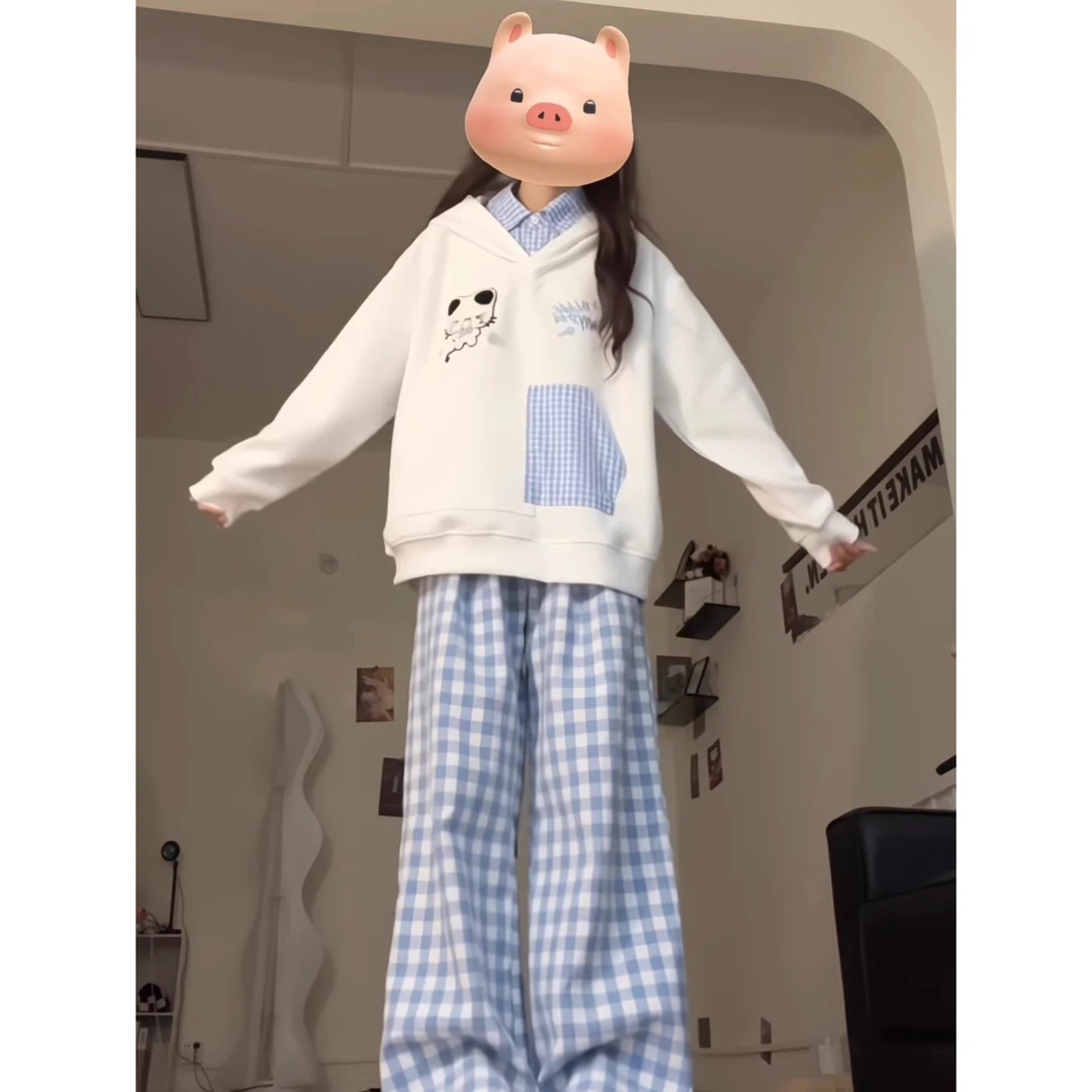 可爱猫咪刺绣假两件连帽卫衣女春秋薄款情侣宽松慵懒风设计感外套