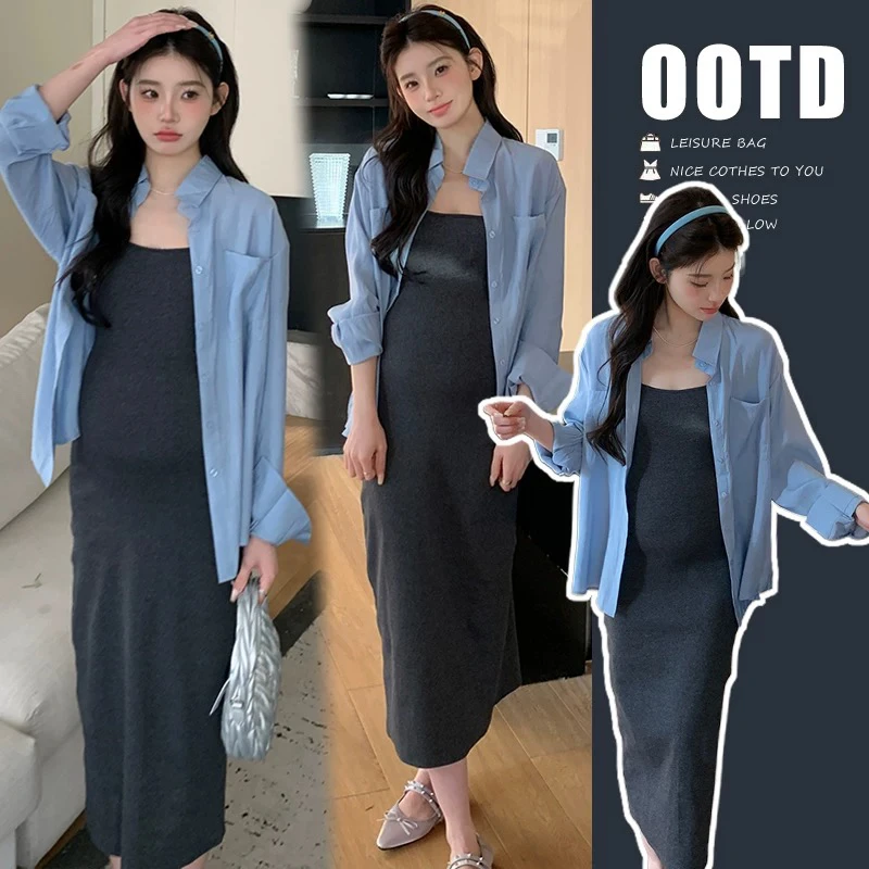 孕妇套装春秋新款时尚长袖防晒衬衣+显瘦吊带裙两件套