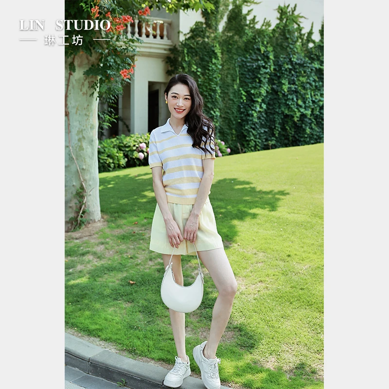 【桑蚕丝+棉+莱赛尔】琳工坊“然川”黄白条纹针织衫休闲气质唐琳设计