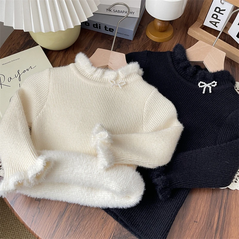 冬款女童木耳边领蝴蝶结一体绒打底毛衣宝宝加厚针织衫公主儿童女