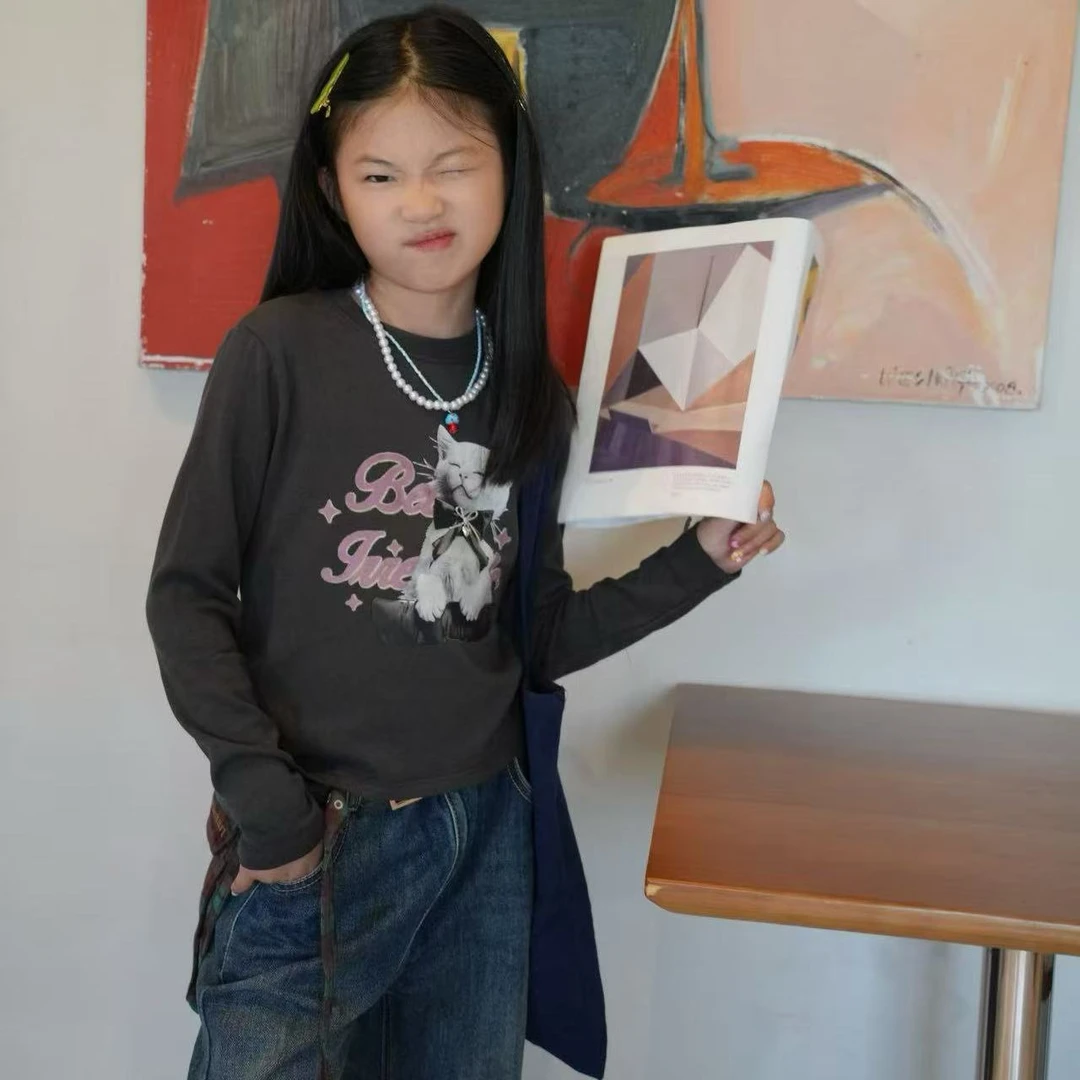 【2025秋季新款】女童韩版潮流小猫印花个性长袖T恤U2652