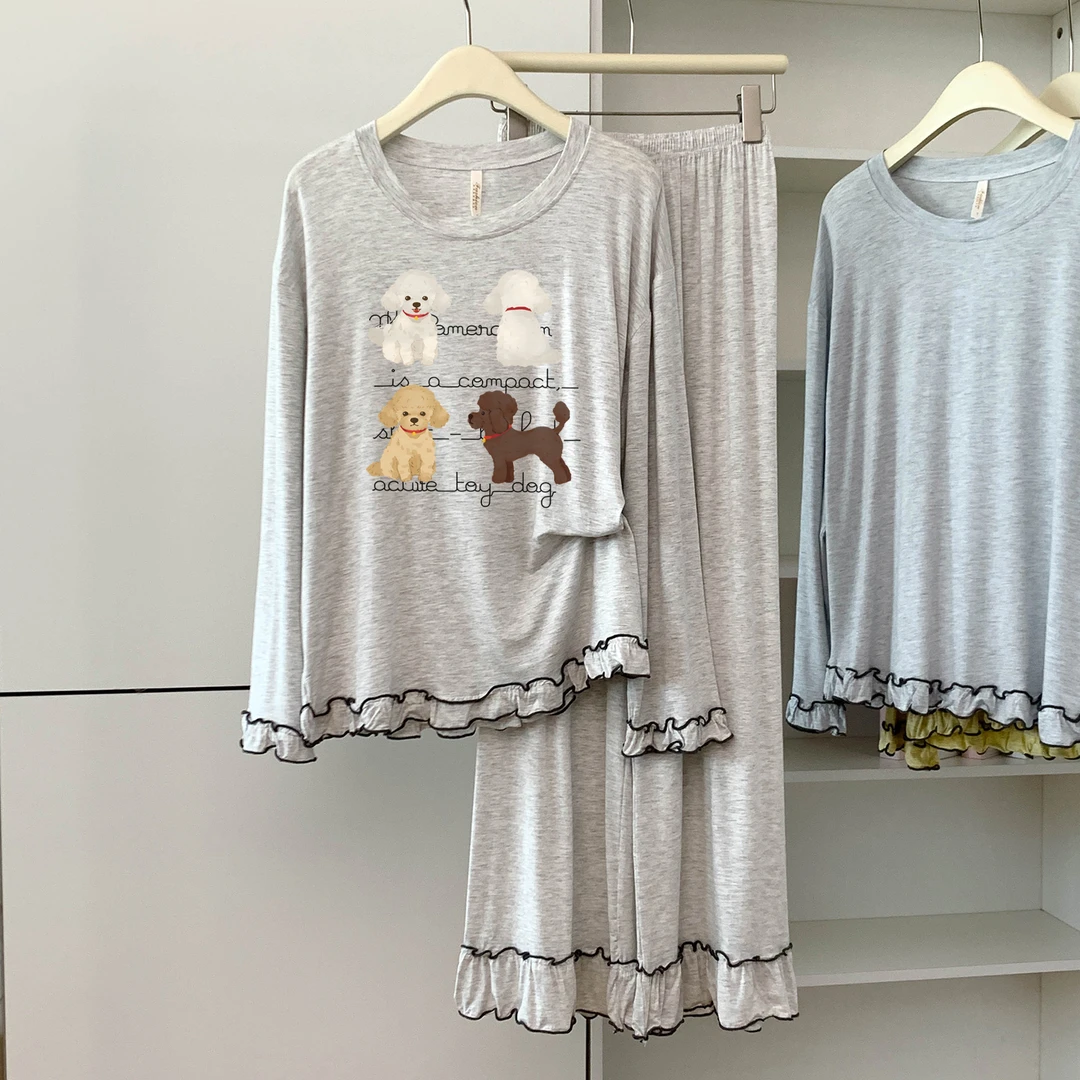 高级感莫代尔卡通可爱小狗睡衣女套装春秋新款花边长袖长裤家居服