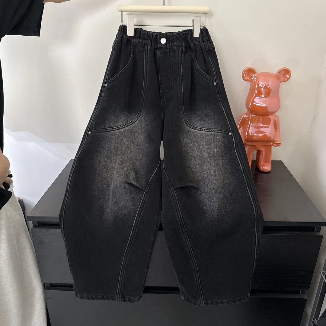 川度25507儿童韩版弯刀加绒牛仔裤秋冬装加绒裤男童女童百搭长裤