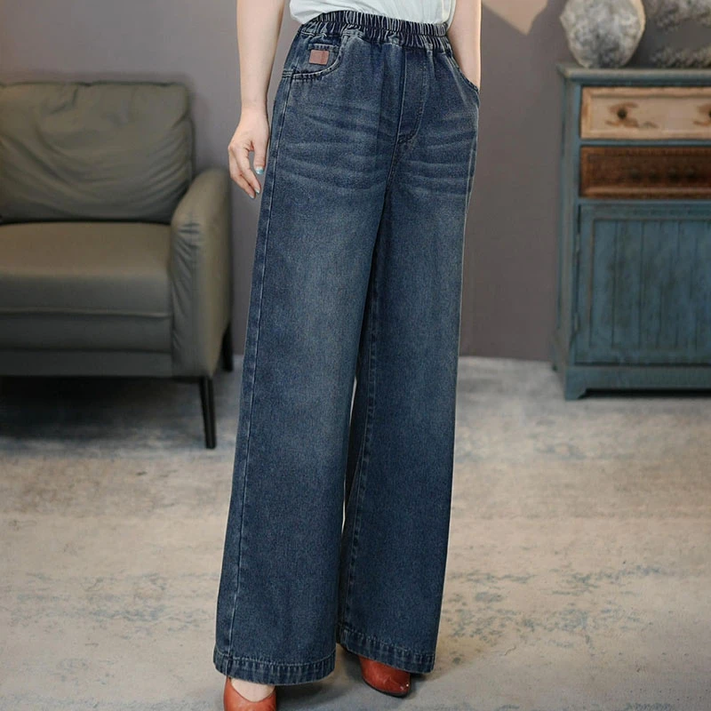 CK8212蓝2025秋季复古显瘦女士牛仔直筒裤松紧腰时尚梧桐裤