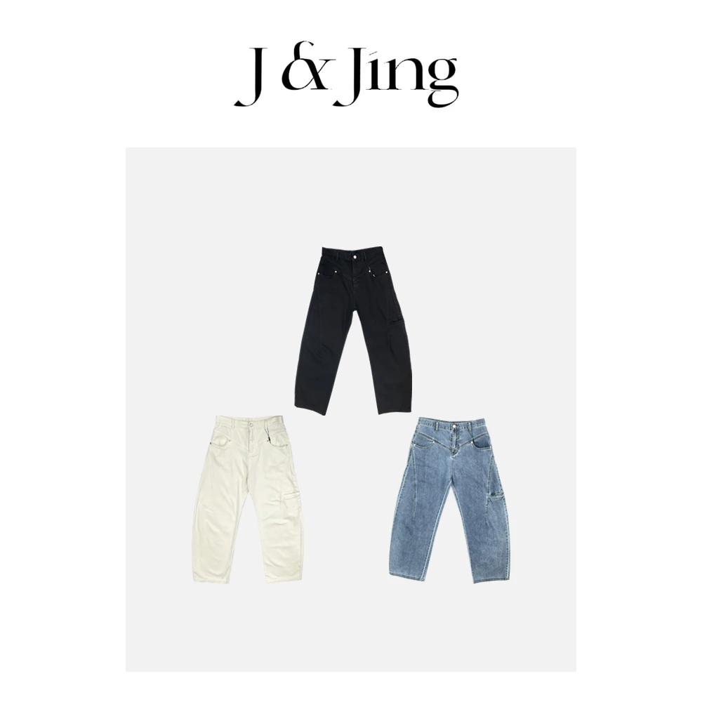 J&Jing-「美高日记」-春款上新~明星同款工装中腰牛仔弯刀裤XW109