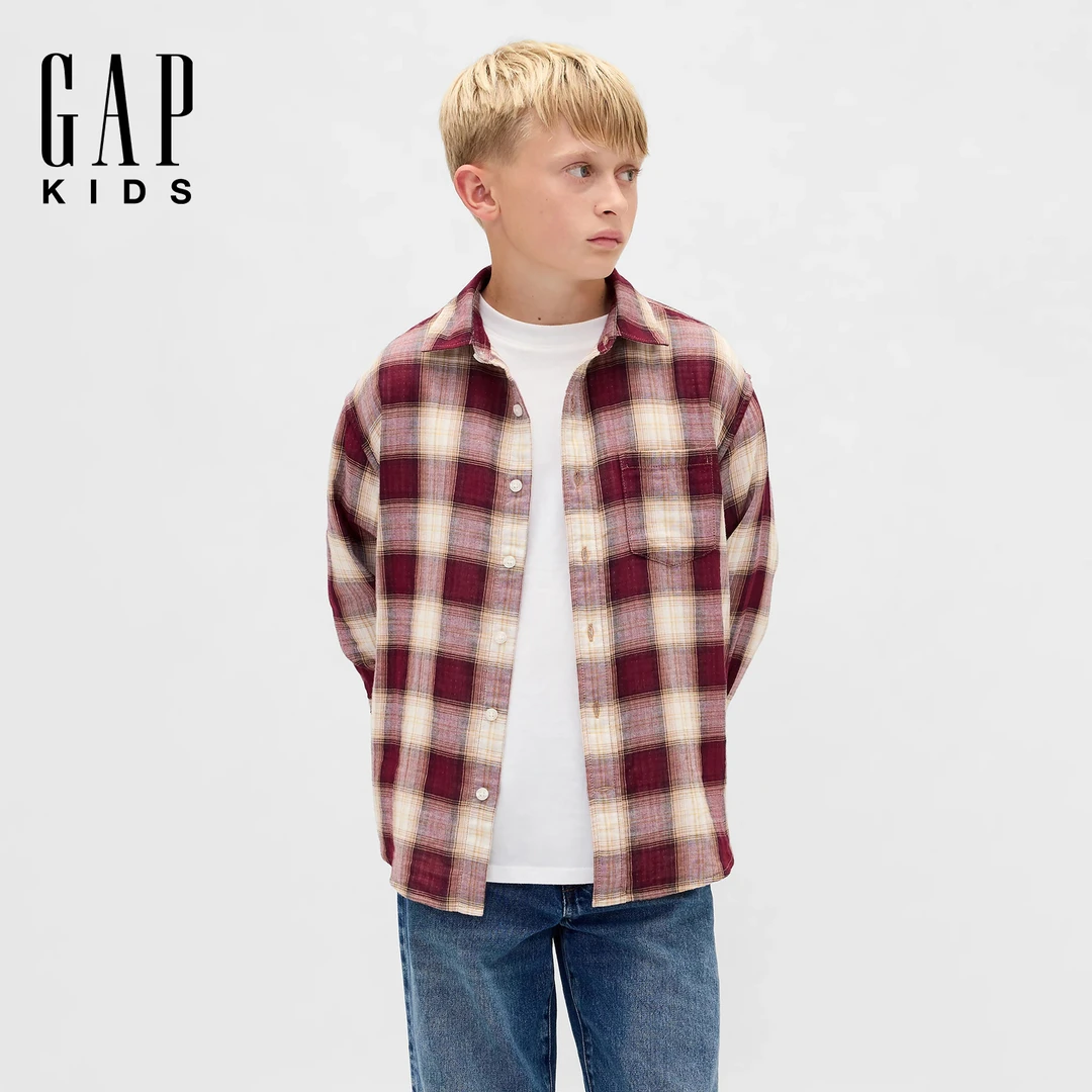 Gap男童2025秋冬新款纯棉法兰绒格纹翻领衬衫装美版819211
