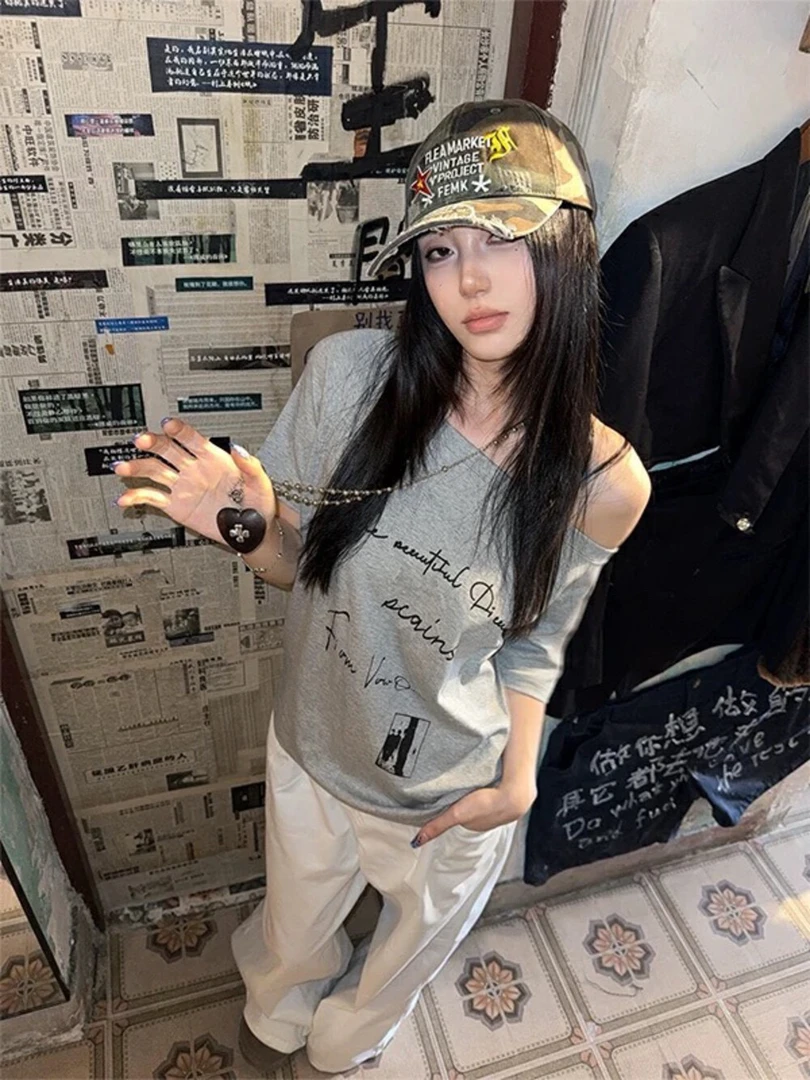 【dd】美式复古短袖T恤简约百搭宽松一字肩字母印花上衣