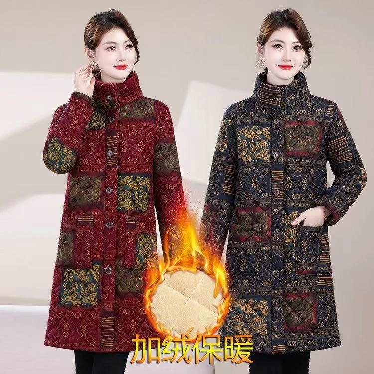 妈妈装冬季新款加绒加厚时尚百搭洋气民族风立领中长款格子棉袄