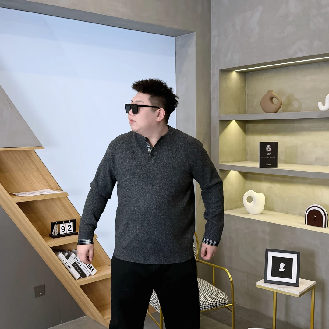 大码男装 时尚V领拼接 针织毛衣 9066