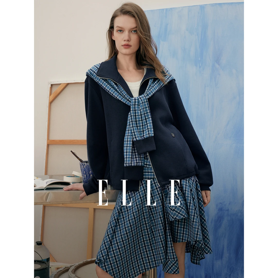 【像素调色盘】ELLE格纹披肩卫衣穿搭2025秋季外套女短上衣EF51753