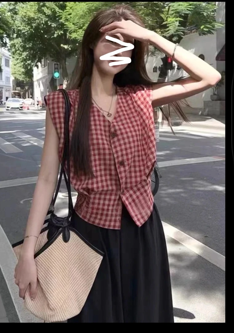 【大脸】复古格子v领短袖衬衫女夏季拼色衬衣半身裙套装（25152）