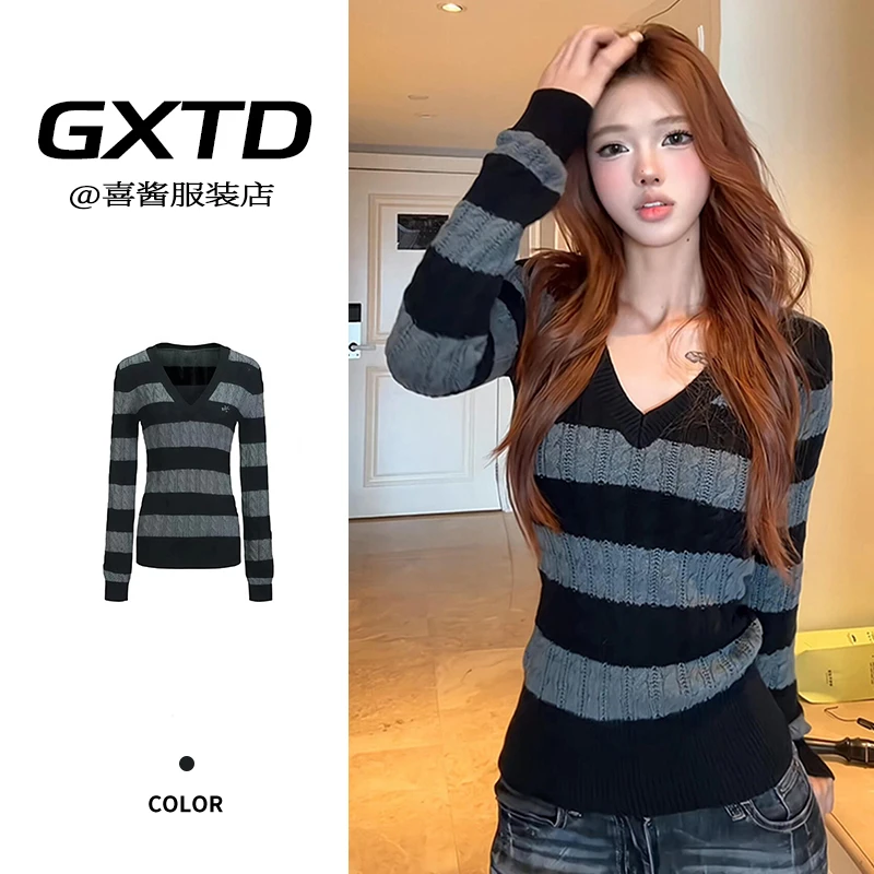 小众黑白条纹毛衣女秋冬新款修身慵懒麻花打底针织衫内搭上衣