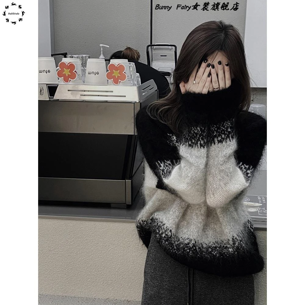 温柔富富软蜡针织女式秋冬2025新设计利基对比色套头针织上衣