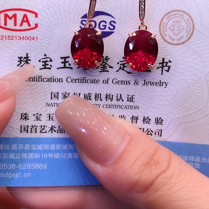 红宝石耳饰银S925镶嵌