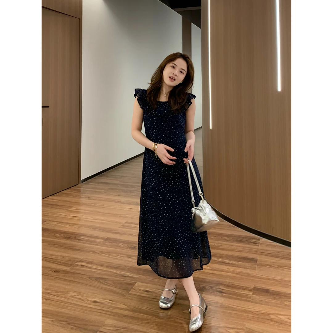 【折扣】YO定制法式设计感两面穿波点荷叶边连衣裙夏季显瘦长裙子