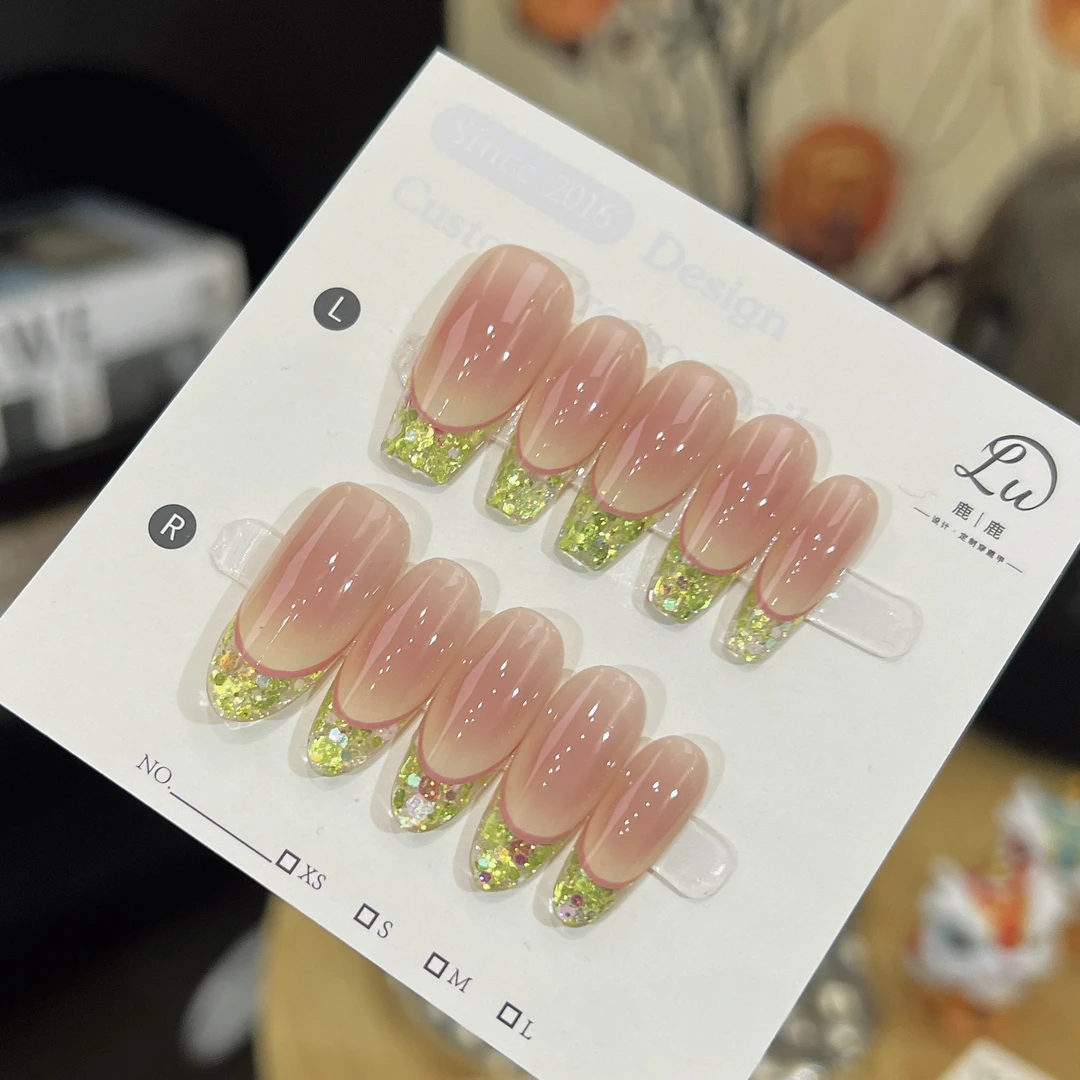 【锦瑟年华】鹿鹿家-纯手工穿戴甲绿色亮片空间法式显白渐变X