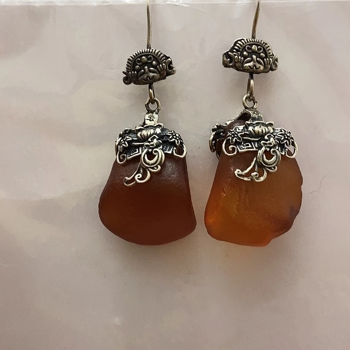 波***）蜜蜡银S925镶嵌耳饰蜜蜡