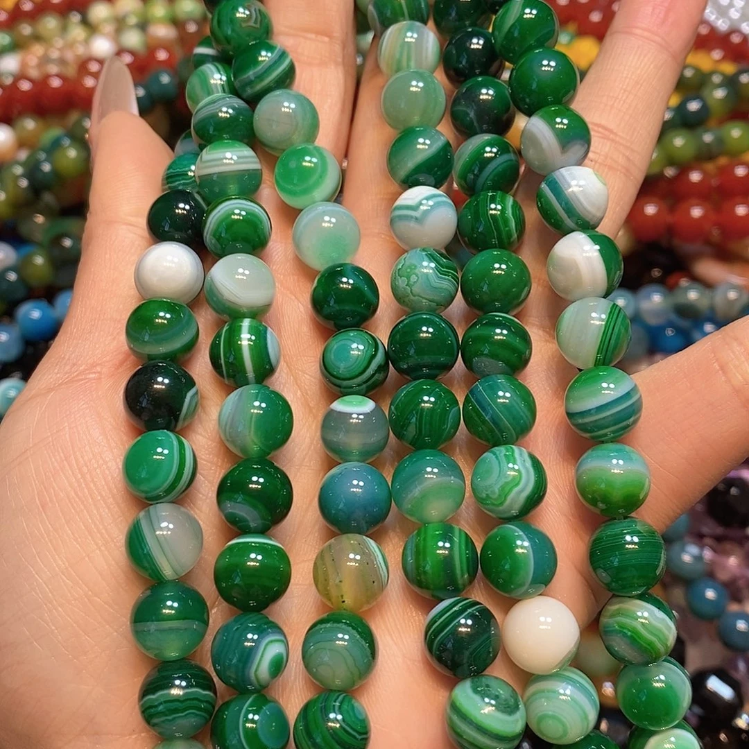 玛瑙/玉髓未镶嵌珠宝半成品10mm绿玛瑙线条一条