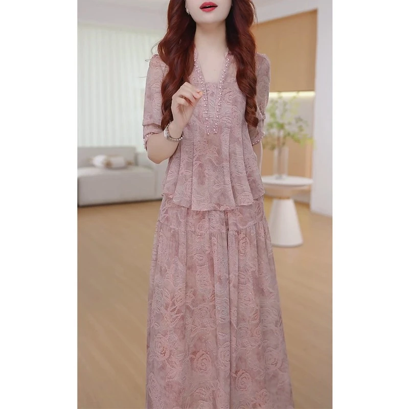 俞兆林广州十三行中袖连衣裙女2025早秋新款流行妈妈薄款碎花假两
