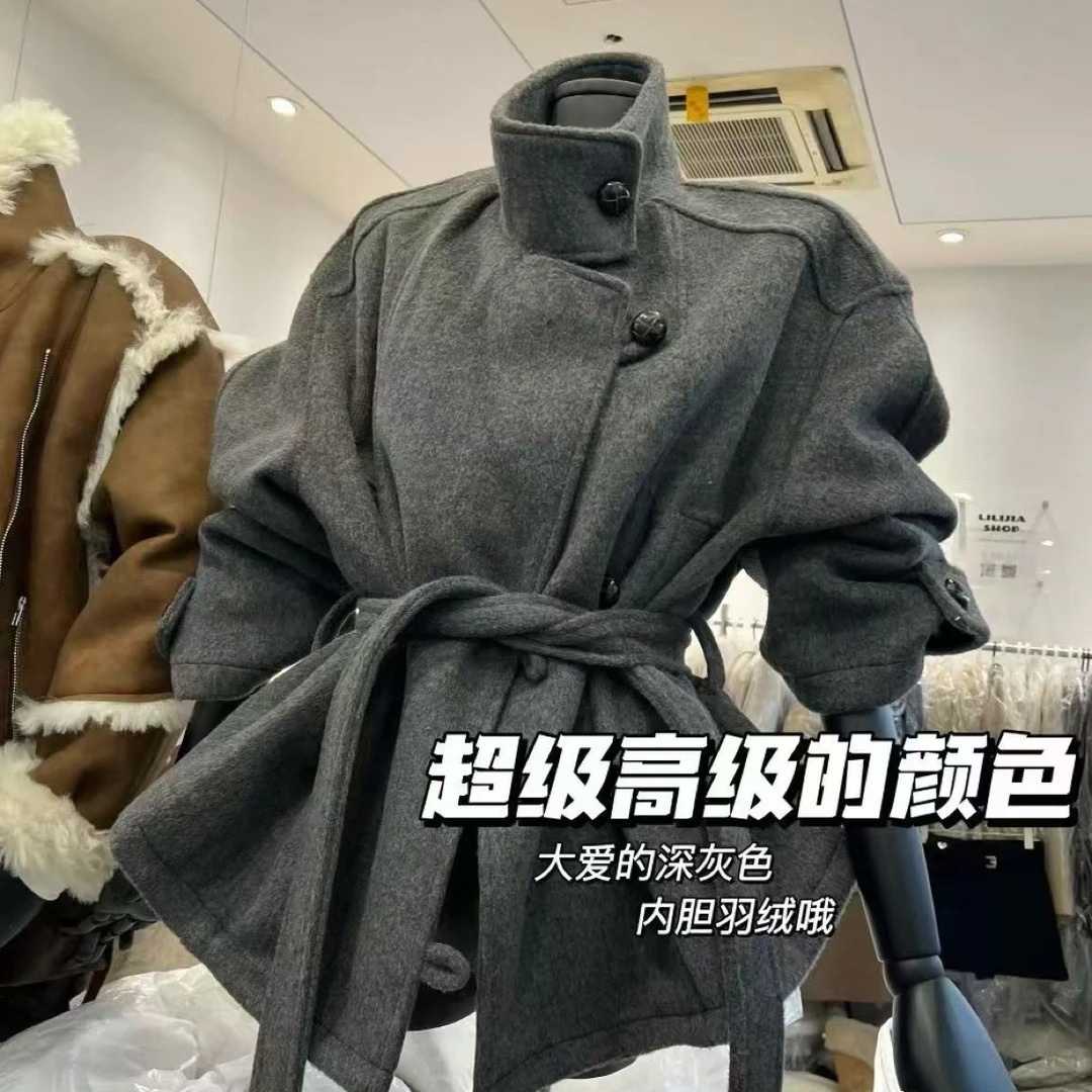 韩版立领毛呢外套羽绒加厚保暖显瘦小个子系带设计感简约大衣