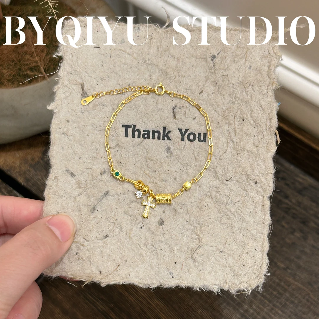 925银手链 S925银十字架转经筒可调节金色手链