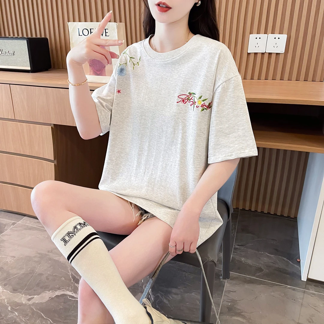 美式高街复古刺绣花卉字母纯棉短袖T恤女夏季新款小众初中生上衣