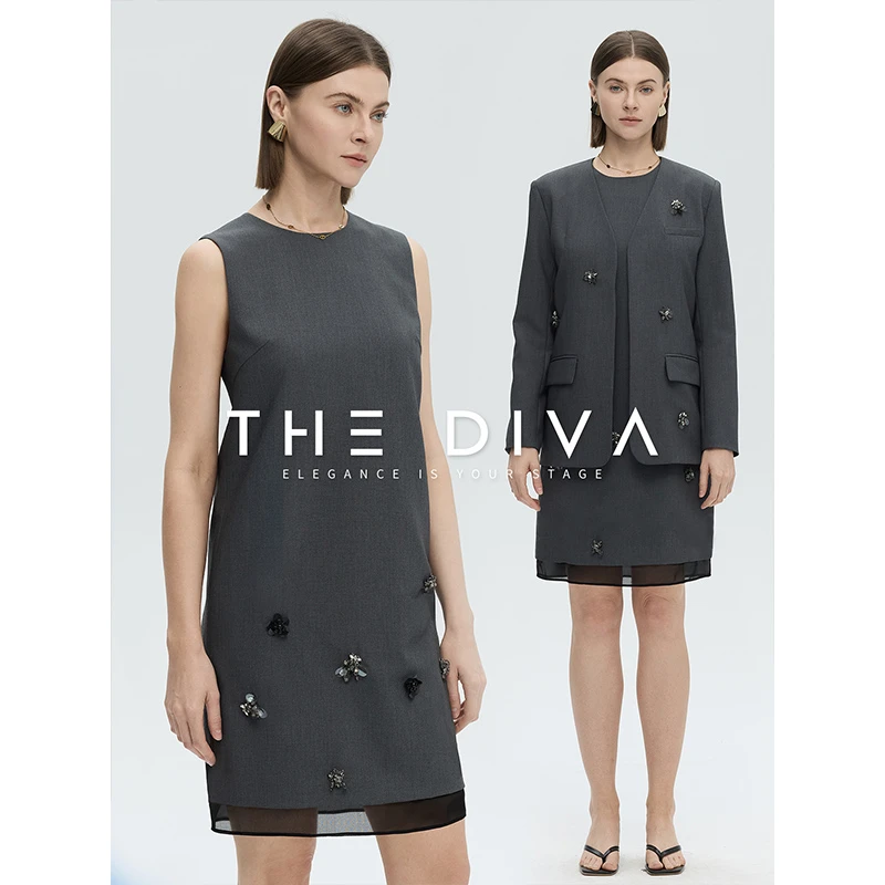 THE DIVA莱赛尔连衣裙/无领西装女2025夏季手工钉珠无袖背心裙子