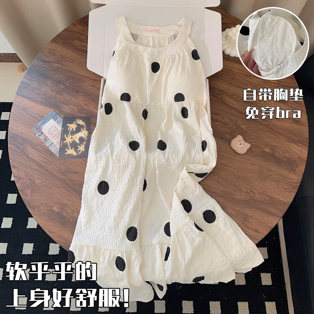 带胸垫睡衣女夏季天简约圆点云朵棉少女薄款连衣睡裙吊带家居服