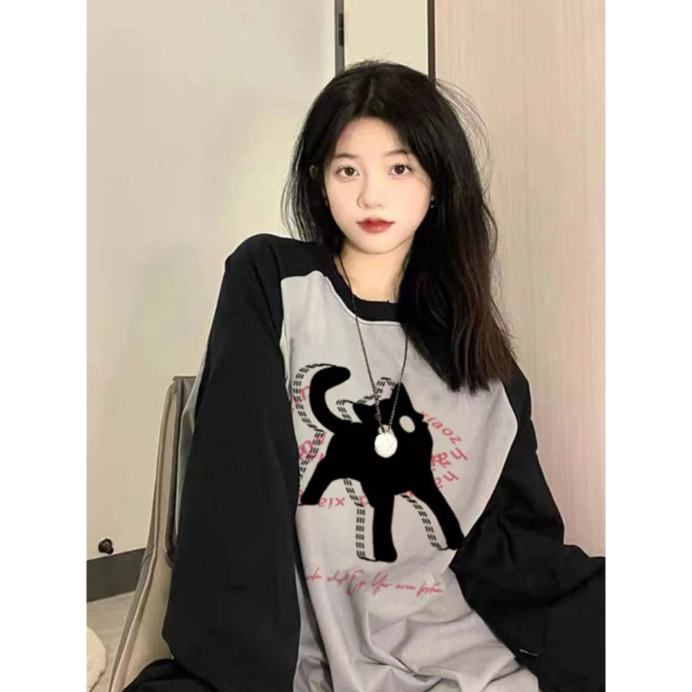欧货大版拼接插肩袖T恤女韩版早秋新款猫咪印花宽松显瘦百搭上衣
