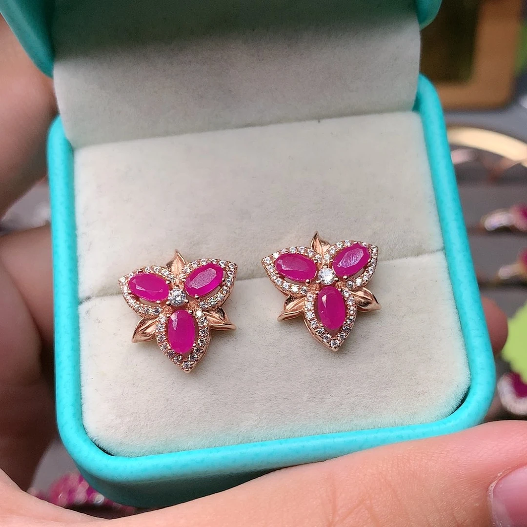 红宝石耳饰银S925镶嵌