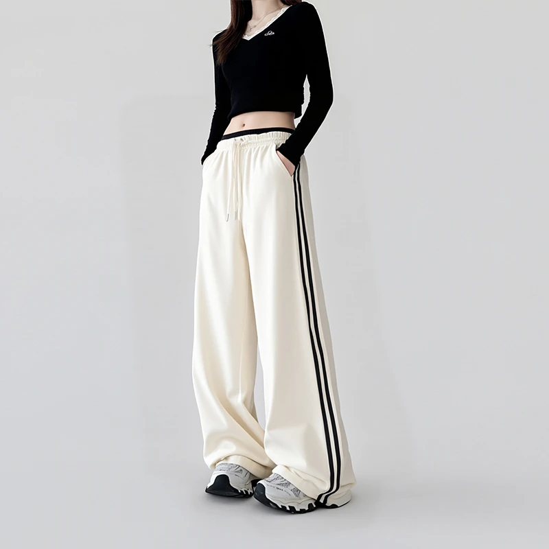 2025秋季新款两穿条纹运动裤女高腰宽松休闲直筒阔腿裤美式束脚裤