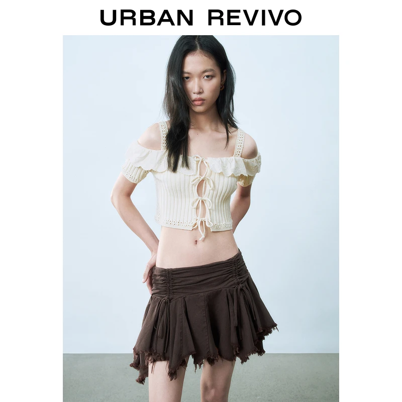 UR2025春季新品女装欧若风肌理镂空蕾丝花边露肩针织衫UYL950043