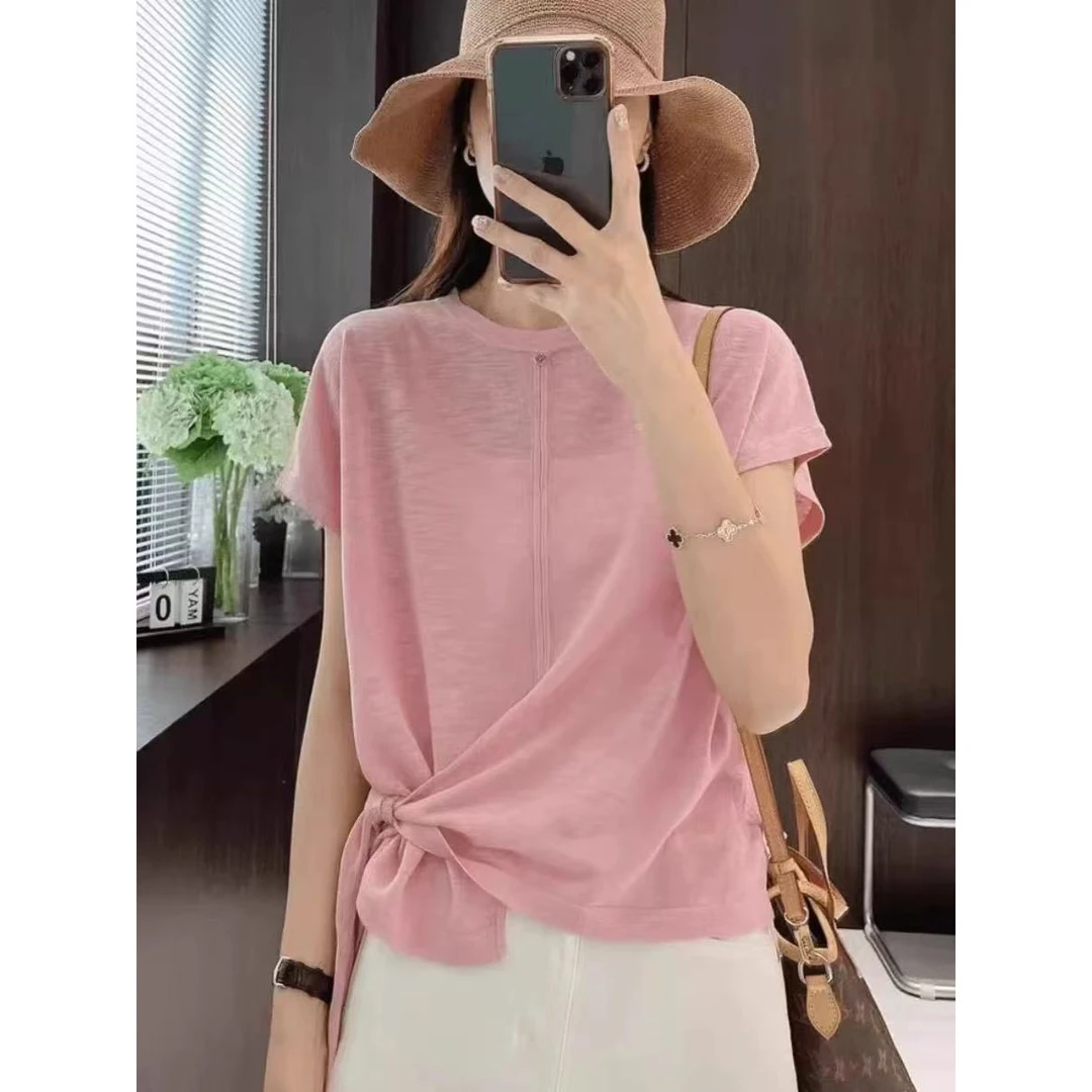 蓝色竹节麻质感下摆打结宽松冰丝防晒衫女夏薄款显瘦针织上衣