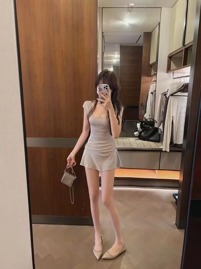 性感辣妹u领短袖连衣裙夏女a字收腰气质短款裙子