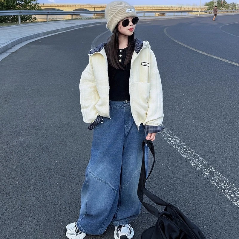 女童夹棉连帽外套秋冬2025新款儿童百搭上衣韩版女孩加厚棉服洋气