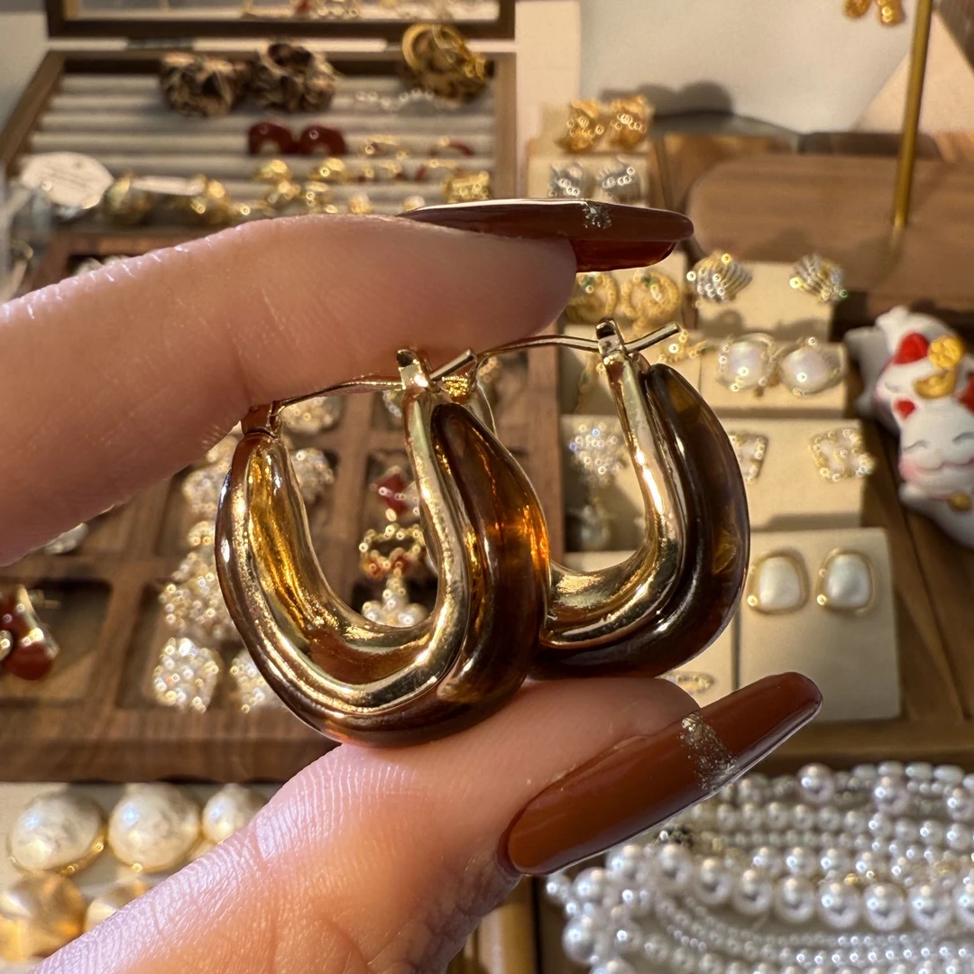 铜合金树脂耳饰 《美拉德色系椭圆形》气质高级感方圆脸耳环女