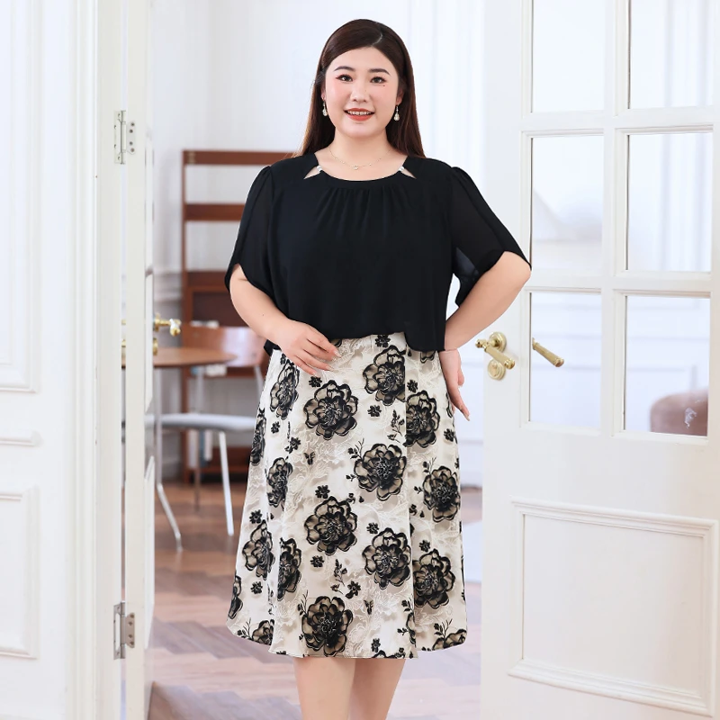 知性大码女装洋气雪纺中长裙假两件新款连衣裙