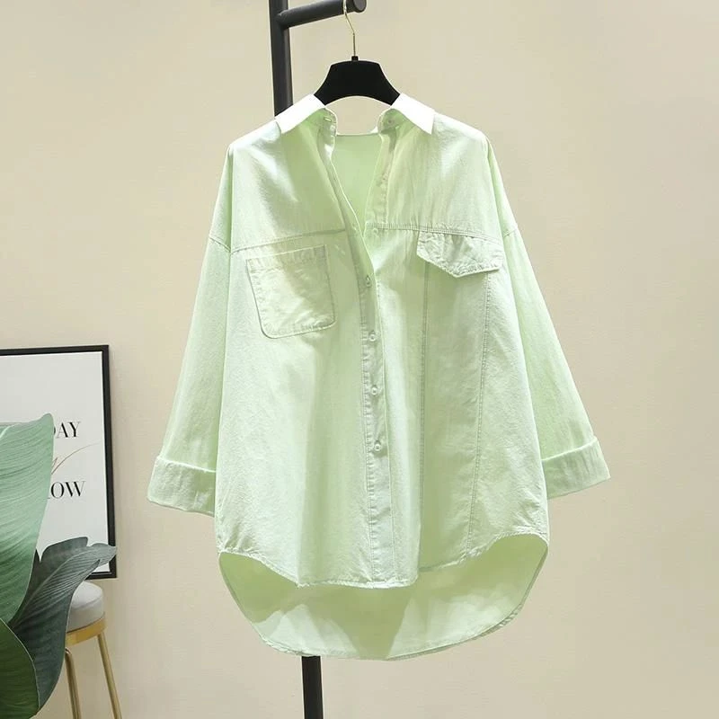 设计感浅绿色棉衬衫女2025年春秋新款韩版宽松慵懒风衬衫上衣外套