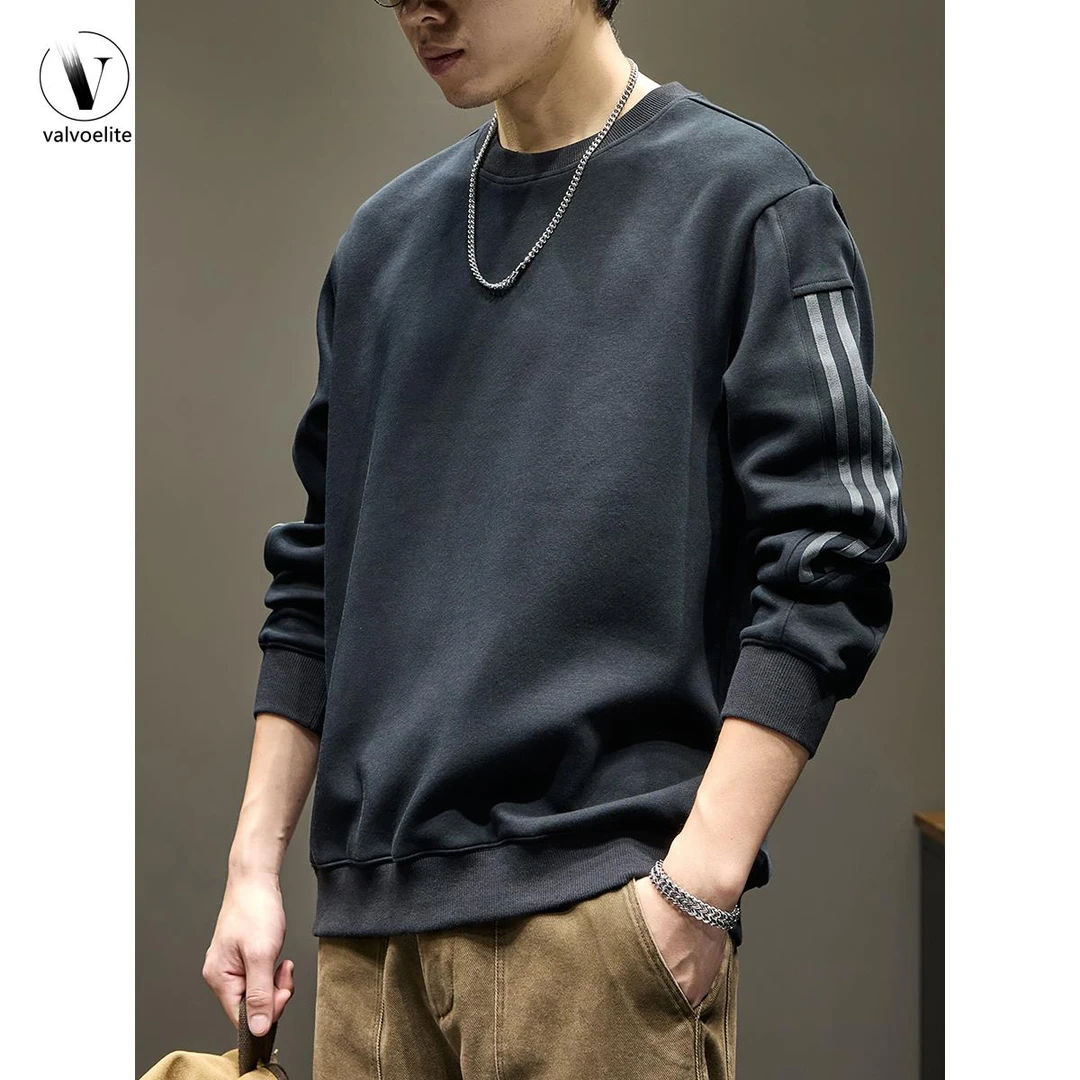 VALVOELITE潮牌美式圆领卫衣男秋季新款宽松条纹休闲长袖上衣外套