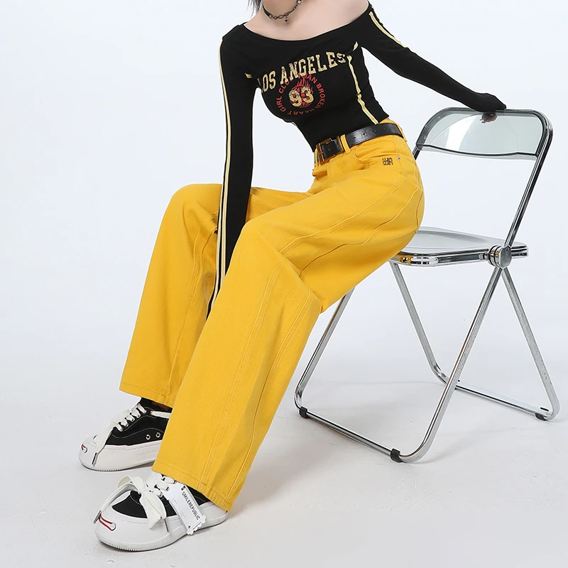 时尚黄色阔腿弯刀牛仔裤女春季2026新款高腰显瘦宽松直筒镰刀裤子