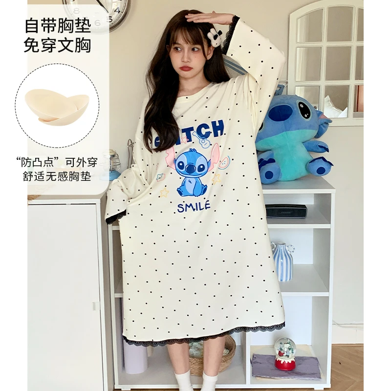 Disney/迪士尼秋季中长裙长袖女带胸垫卡通动漫简约家居服0147
