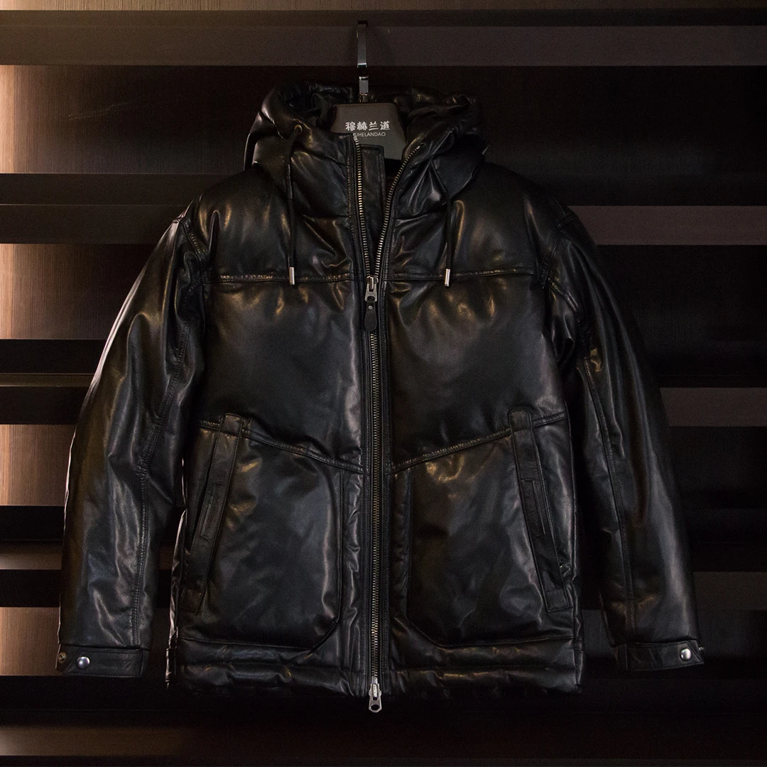 2025引流款-年冬复古男装头层植鞣羊皮白鹅绒服加厚连帽鹅绒服