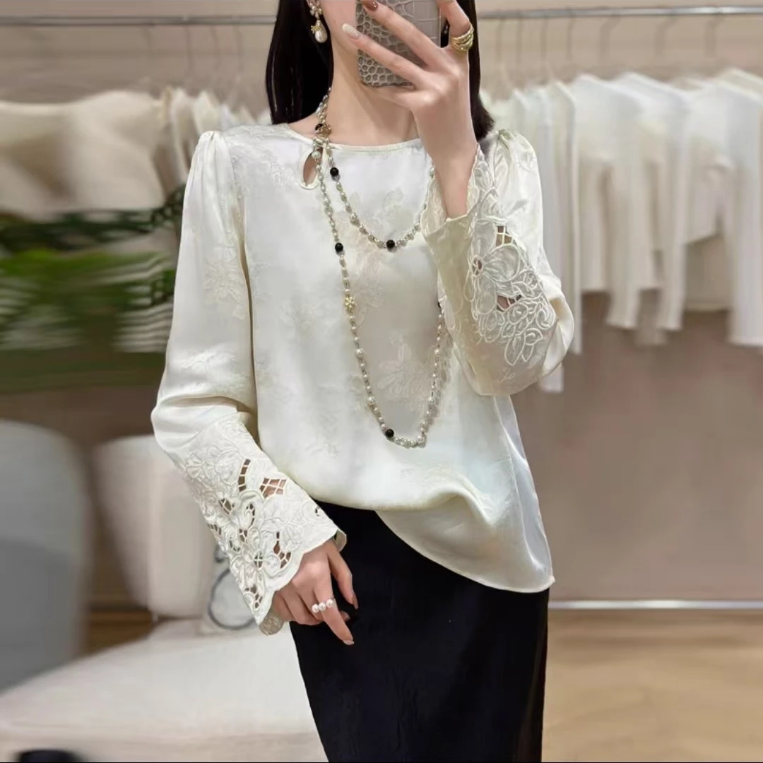 2025年春季新款新中式国风提花衬衫圆领设计感显瘦气质减龄长袖