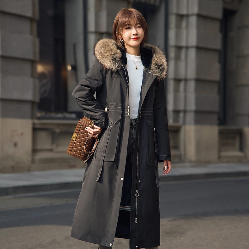 女士冬季修身显瘦长款派克宽松连帽中长款时尚保暖大毛领加绒上衣