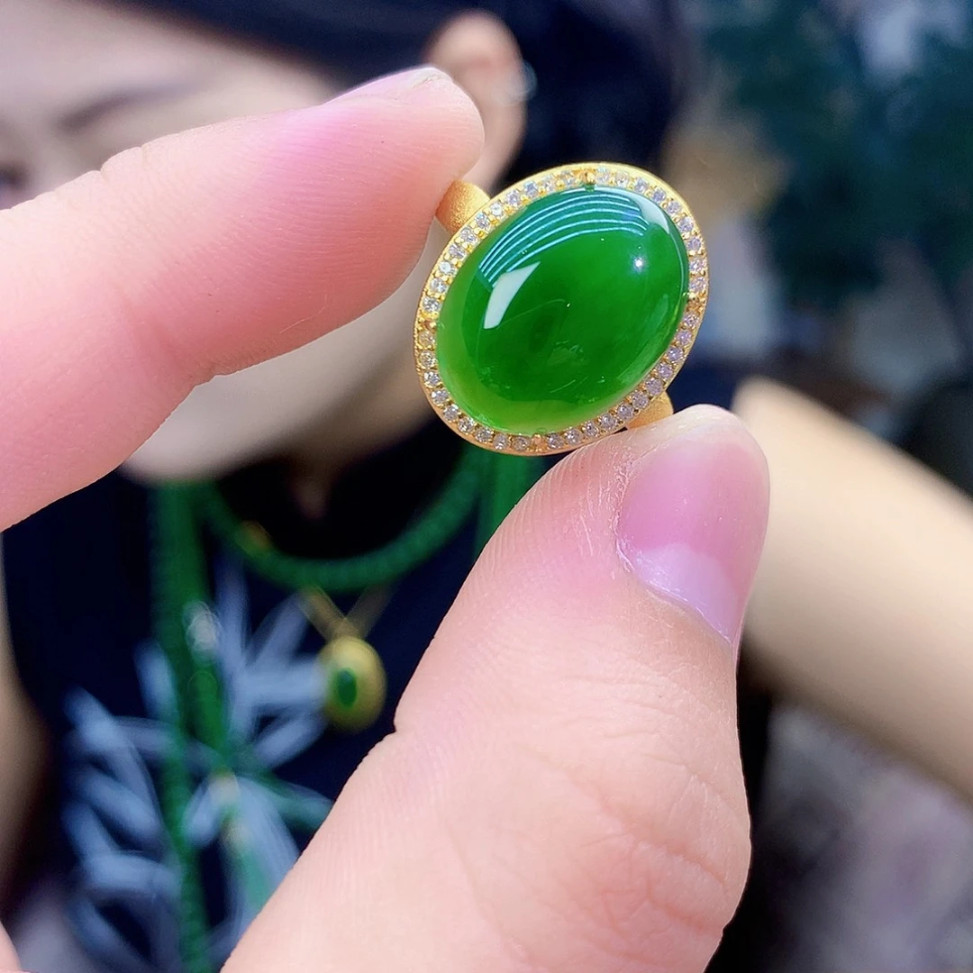 吊坠(不含链)银S925镶嵌和田玉（碧玉）戒指