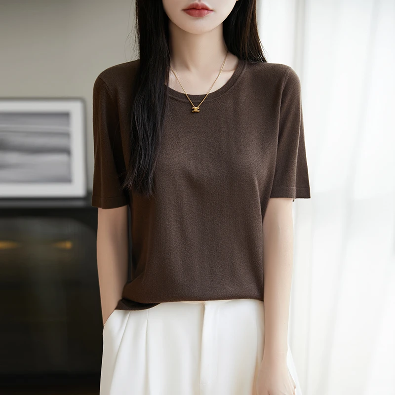 LUJIAOYANG/鹿娇羊圆领精纺羊毛短袖针织女夏季打底衫桑蚕丝上衣
